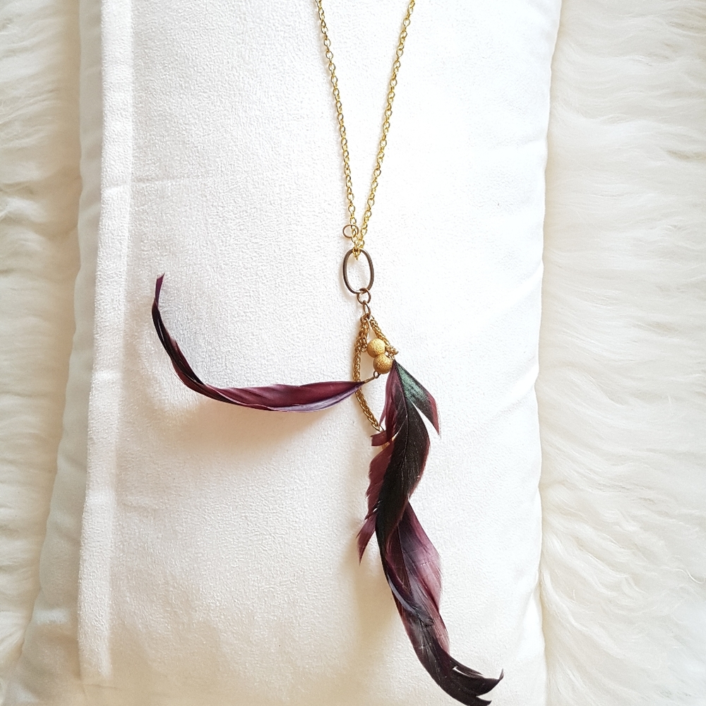 LONG gold with feather necklace